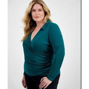 INC Womens Plus 1X Draped Front Top Green Long Sleeve Stretch Shirt V Neck